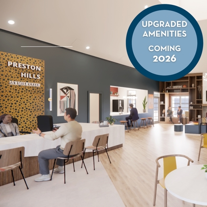 A view of the leasing office at Preston Hill with two grey  chairs and a table.